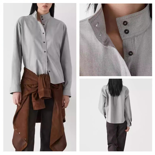 西班牙女装2025秋季新品气质干练通勤风棉质立领牛津长袖衬衫上衣