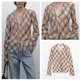 衬衫 松弛感半透视轻薄棕色格纹毛边长袖 上衣 2026春夏季 西班牙女装
