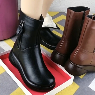 中筒靴女真皮2025新款冬季加绒马丁靴大棉女靴松糕厚底短靴妈妈鞋
