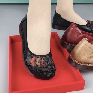 头层牛皮单鞋女春夏新款复古浅口豆豆鞋真皮平底舒适中老年妈妈鞋
