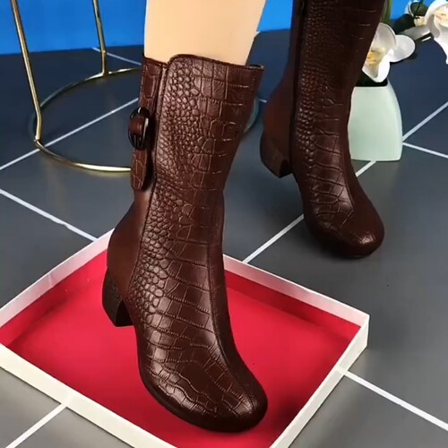 中筒靴女真皮短靴粗跟马丁靴