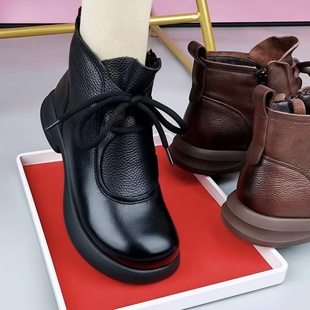 头层牛皮马丁靴女单靴2025年秋冬新款羊毛短靴真皮平跟软底妈妈鞋
