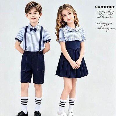 英伦风校服园服夏季儿童学院风条纹衬衫背带裤六一表演服套装