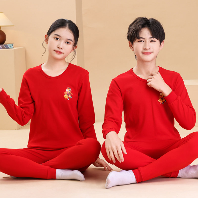 2025属马年新款青少年男大童大红色本命年纯棉薄款全棉秋衣秋裤女