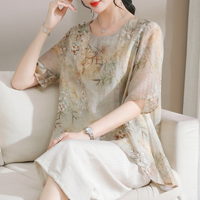 妈妈装夏款洋气小衫2024新款阔太太套装夏装中老年女夏季真丝上衣
