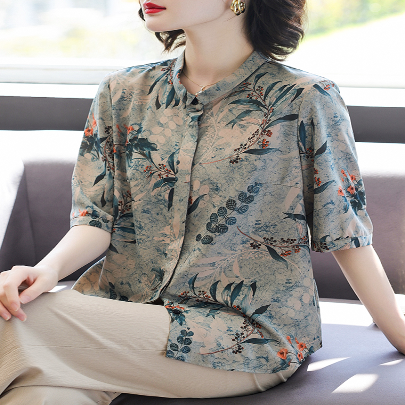 中年妈妈夏装薄款真丝衬衫中老年女装夏季印花桑蚕丝小衫上衣套装