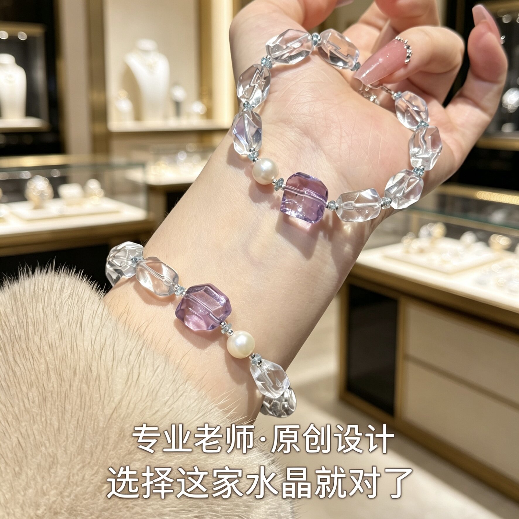 天然透亮紫水晶随形切面白水晶方糖粉晶手链经典时尚女款手串礼物