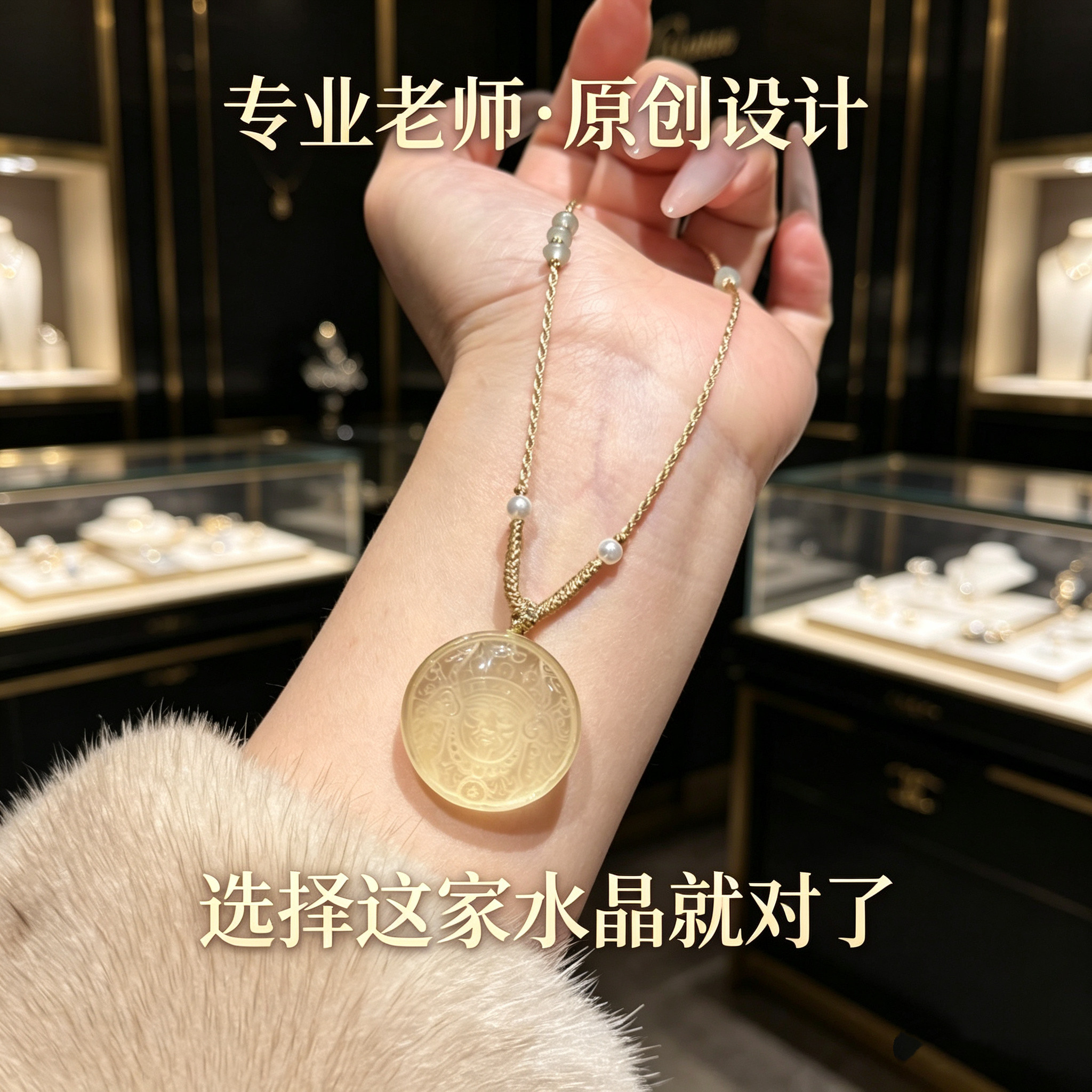 天然白黄水晶扎基拉姆财神吊坠