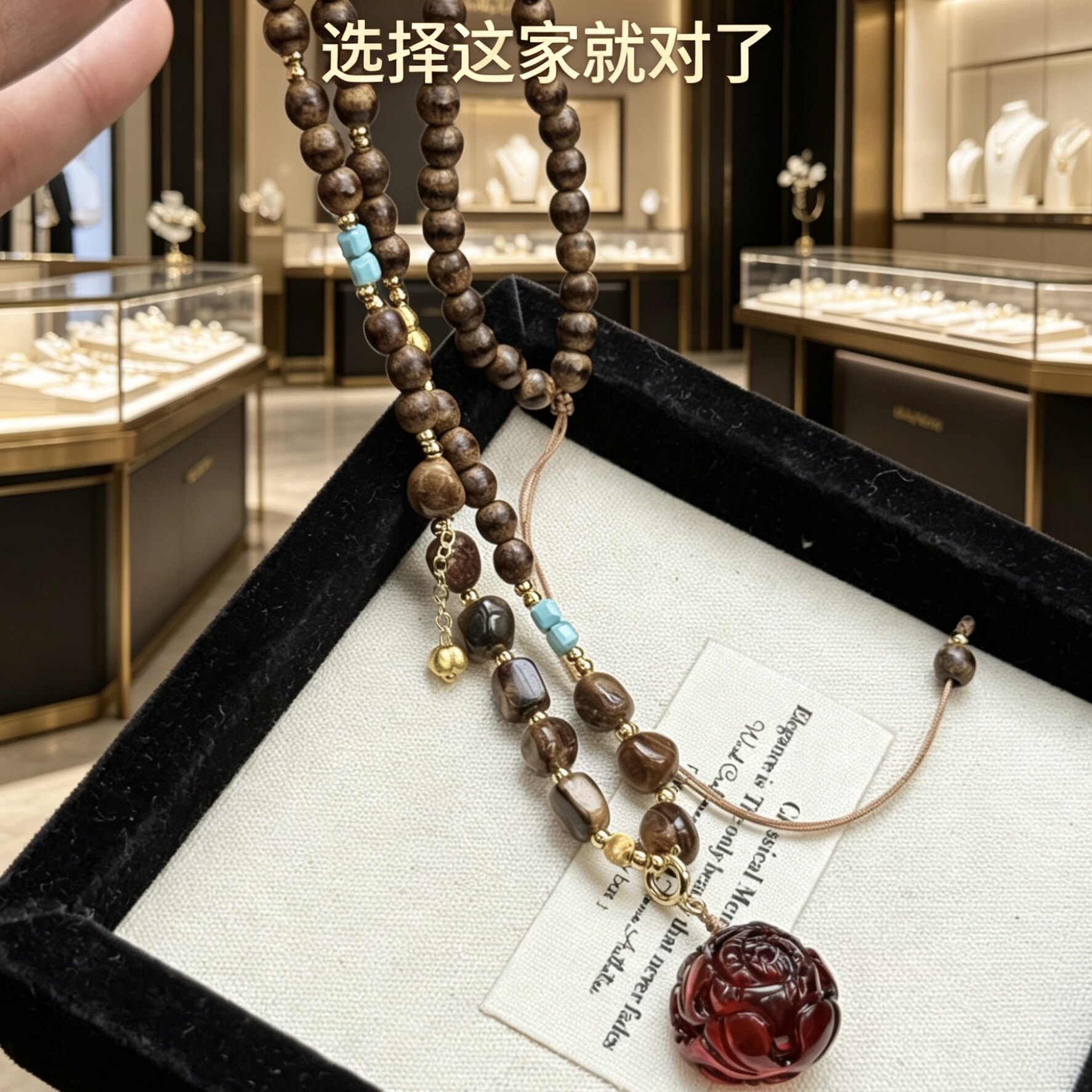 天然沉香项链女款血珀牡丹吊坠新中式毛衣链颈链配饰送妈妈礼物