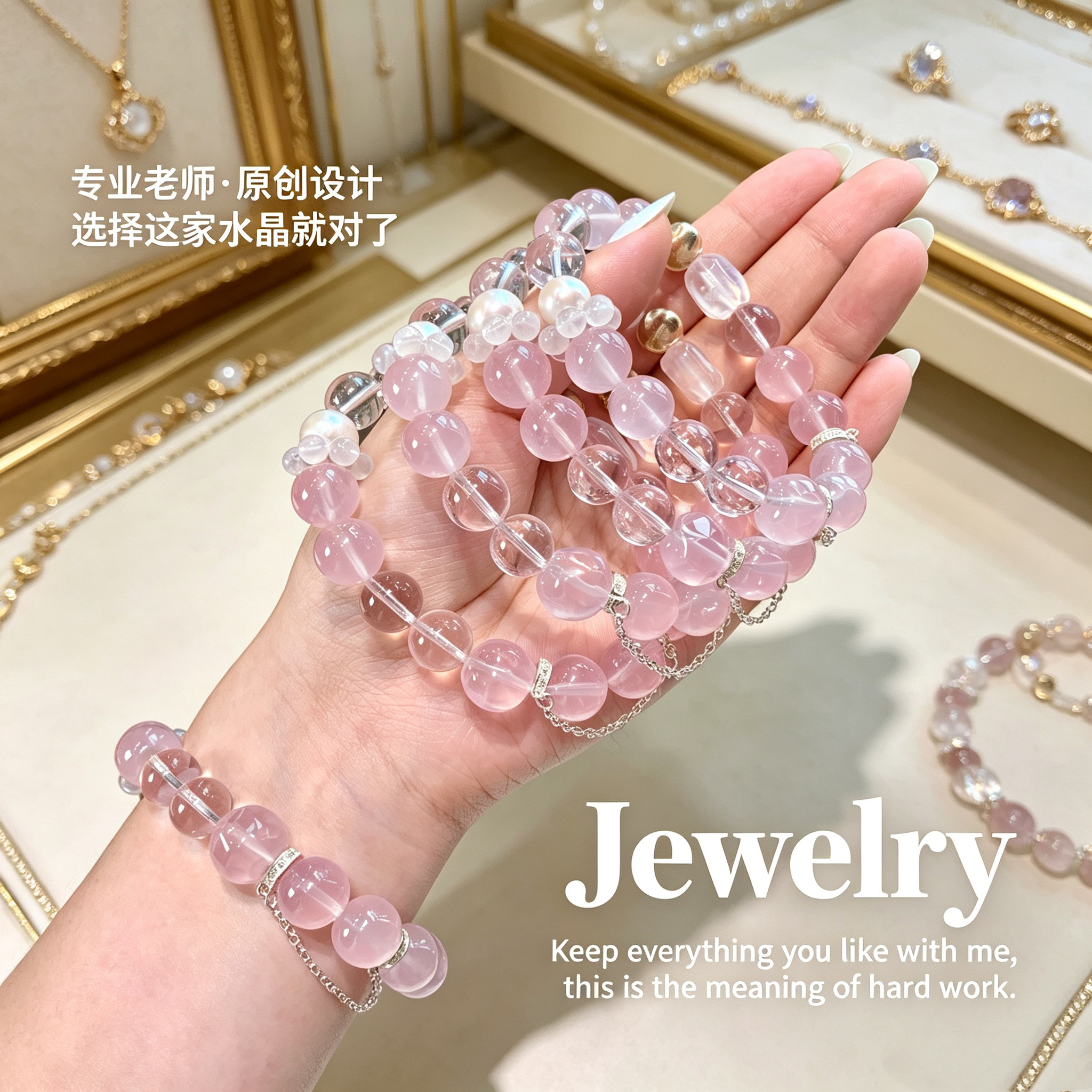 天然莫桑比克粉水晶手链女招桃花马粉芙蓉石手串原创设计饰品礼物