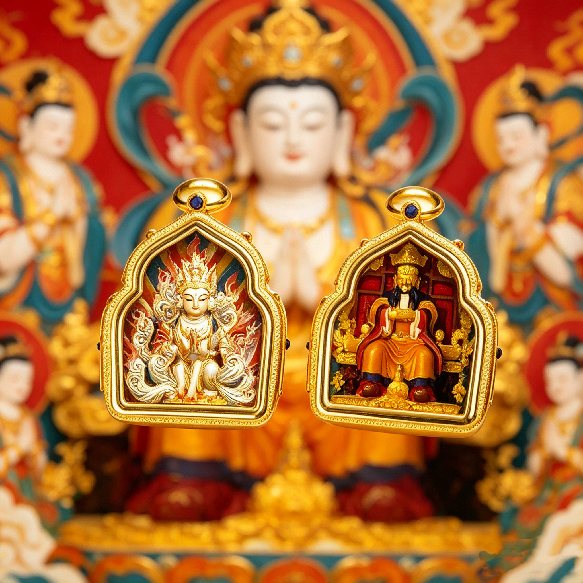 手绘唐卡吊坠五爷黄财绿度母八大生肖文殊本命年藏式手绘擦擦唐卡