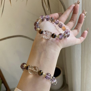 天然紫水晶高品质紫塔晶黑金超黄虎眼手链手串小众设计款简约甜美