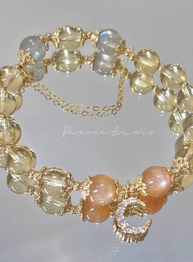 《富瘦双全》天然黄水晶月光石金太阳石14k包金发财水晶手链串女