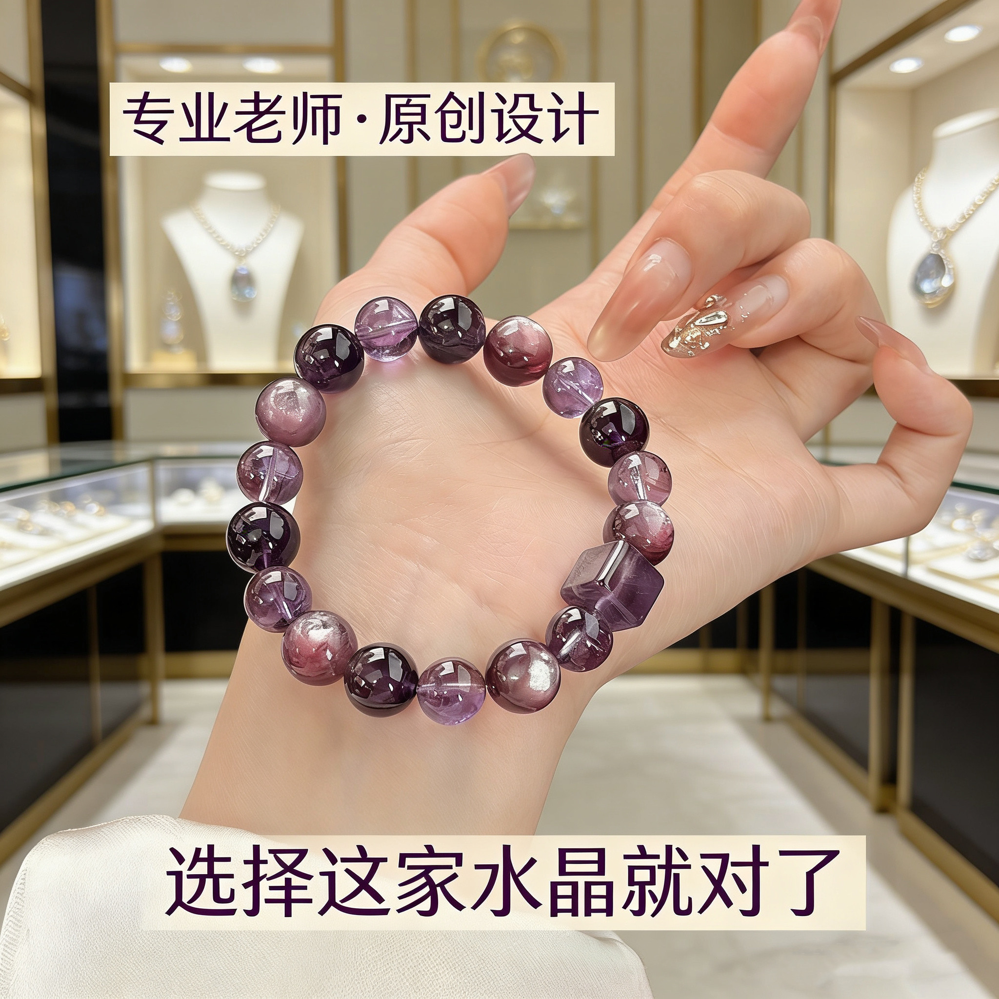 原创天然紫色系方糖水晶手串紫锂云母紫水晶高贵气质显白九紫离火