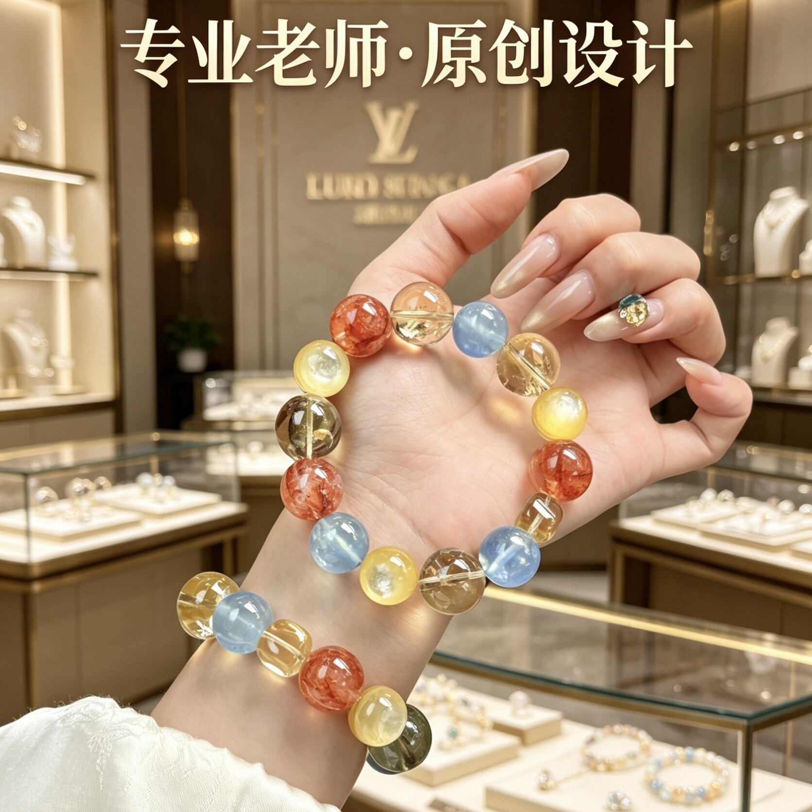 天然海蓝宝手链红胶花黄水晶金锂云母手串女招财金水本命年礼物