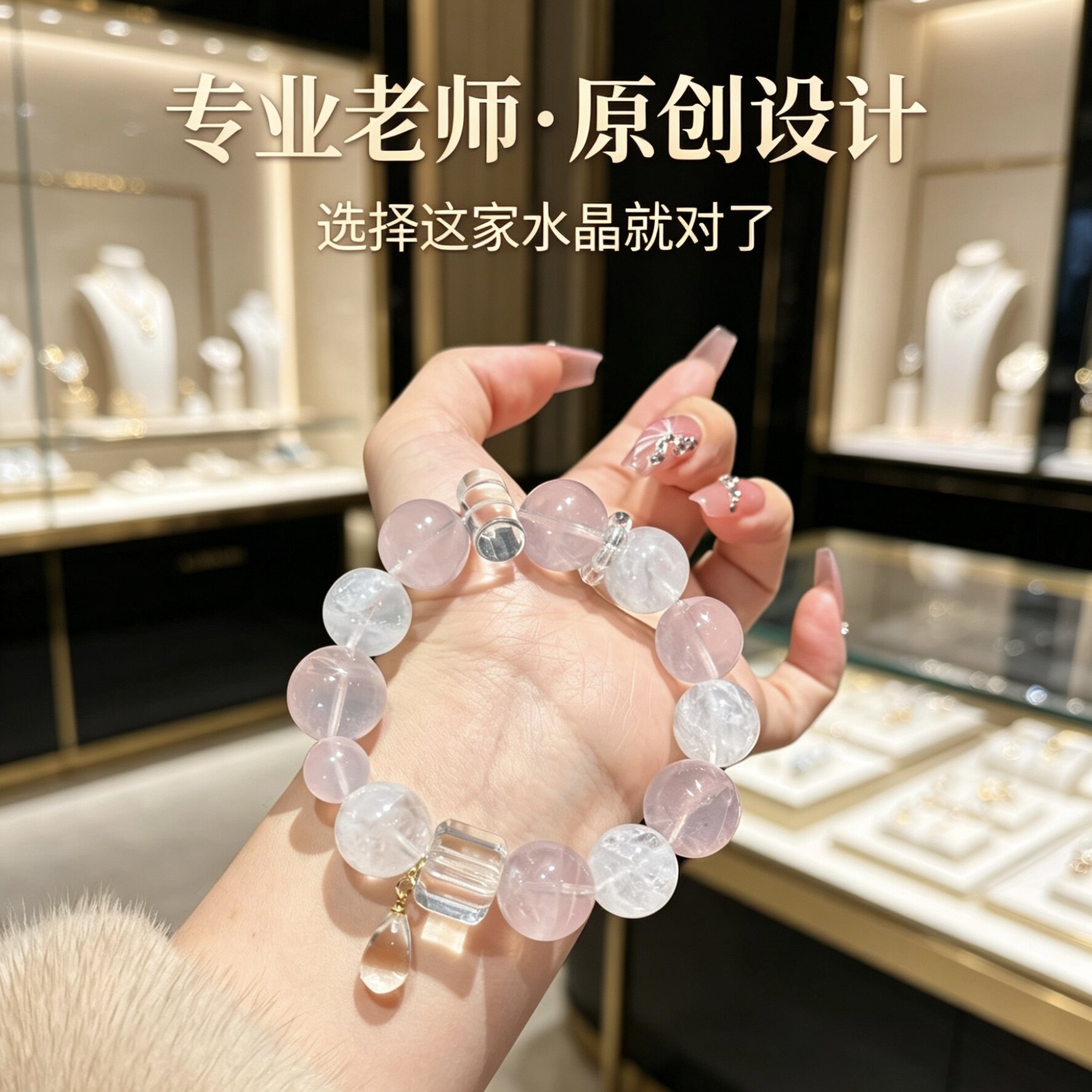 天然粉晶白阿塞水晶手链女招桃花转运珠白幽灵手串原创设计礼物