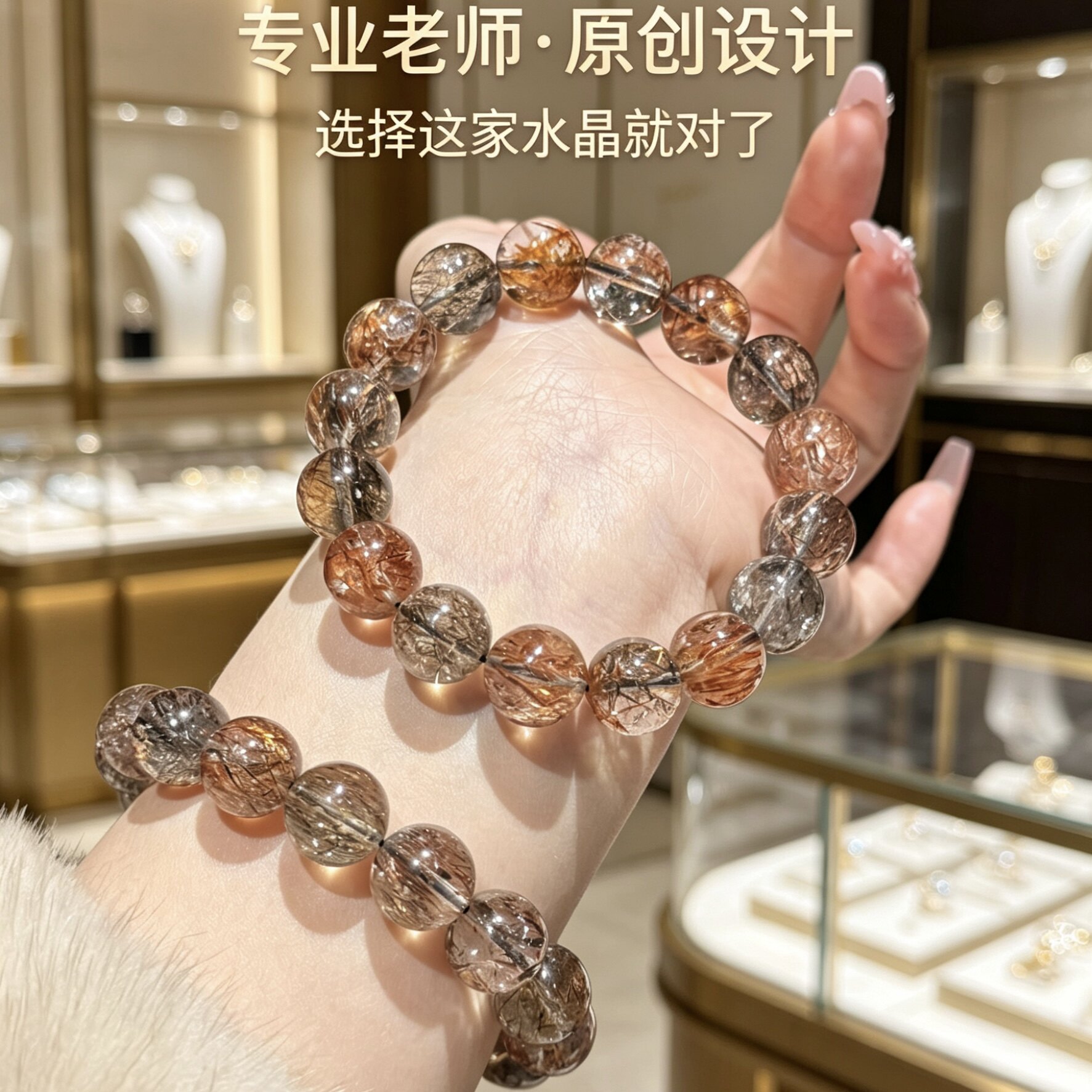 天然黑金超七手串男女士清透顺发骨干发丝金闪黑超七水晶钛晶手链