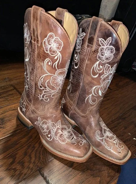 美国西部牛仔靴SHYANNE油蜡牛皮中筒靴方头真皮西部靴骑马靴女