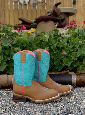 美国代购Roper牛皮真皮刺绣拼色方头中筒骑马靴中大童西部牛仔靴