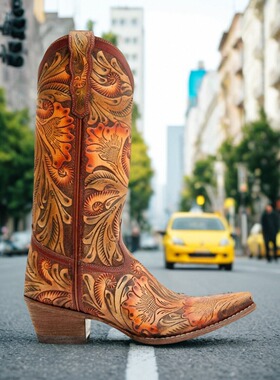 美式西部靴SHYANNE烫画雕花牛皮真皮真皮骑马靴复古西部牛仔靴女