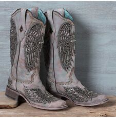 Западные Boots corral美国牛仔靴牛皮刺绣十字架翅膀方头中筒马术西部靴女中古靴