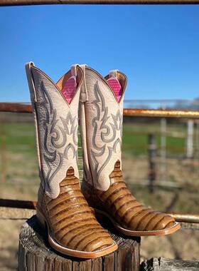 美国MACIE BEAN鳄鱼纹拼色刺绣真皮方头骑士靴高筒靴西部牛仔靴女