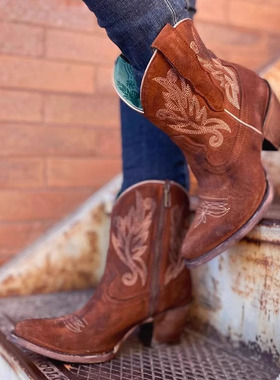 美国CORRAL反绒牛皮粗高跟复古西部牛仔靴真皮短靴刺绣切尔西女靴