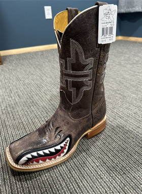 墨西哥Tin Haul牛皮鲨鱼牙刺绣真皮方头复古西部牛仔靴中筒靴男女