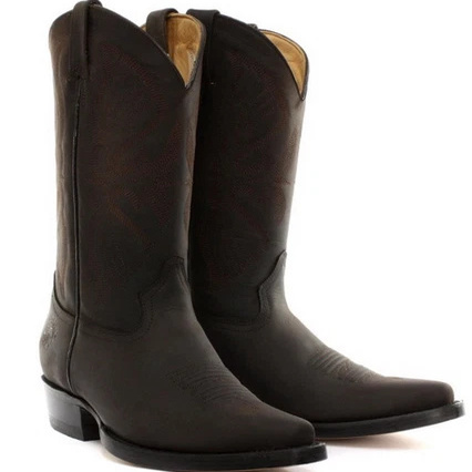 墨西哥产Grinders牛皮西部牛仔靴尖头基础简单款高筒纯色骑马靴男