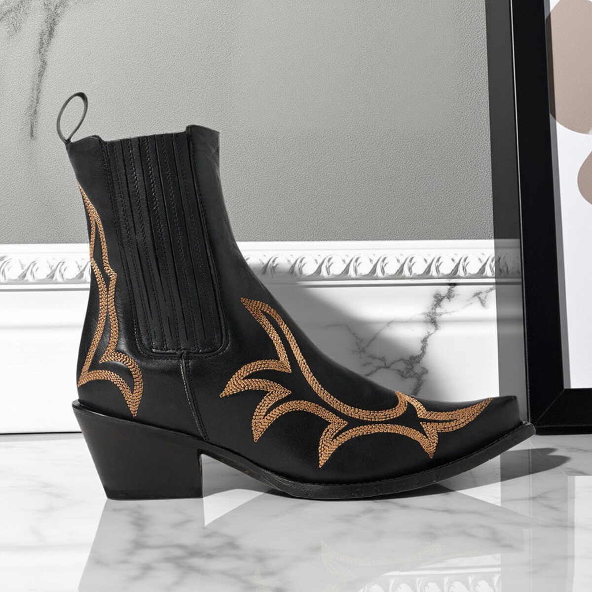 美国stetson牛皮真皮8排刺绣尖头纯色短靴骑马靴复古西部牛仔靴女