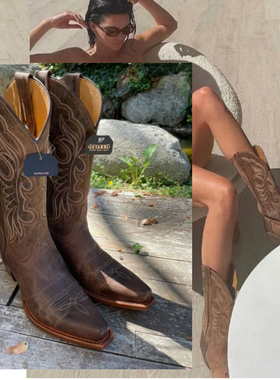 SHYANNE美国西部牛仔靴牛皮绣花棕色尖头中筒靴肯豆同款马术靴女