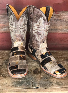 墨西哥Tin Haul牛毛条纹真皮刺绣方头复古西部牛仔靴中筒靴女马靴