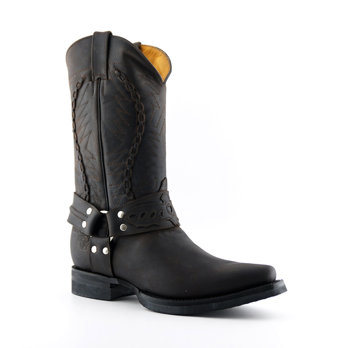 墨西哥产Grinders牛皮西部牛仔靴尖头刺绣简单款高筒纯色骑马靴男