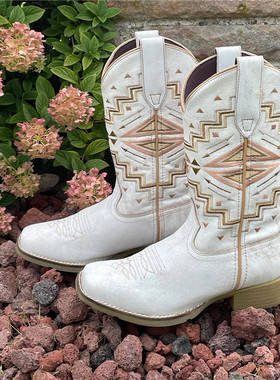 美国Roper牛皮真皮刺绣方头复古西部牛仔白色中筒骑马靴女马术靴