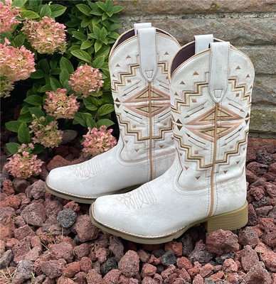 美国Roper牛皮真皮刺绣方头复古西部牛仔白色中筒骑马靴女马术靴