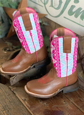 美国TIN HAUL牛皮几何图印花刺绣真皮骑马靴儿童西部牛仔靴25-38