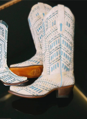 Corral牛皮手工编织刺绣白色尖头马术美国西部牛仔靴粗跟高筒靴女