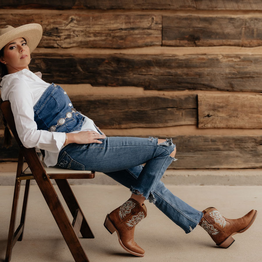 美国产JUSTIN牛皮里外真皮刺绣尖头复古西部牛仔靴短靴骑马靴女靴