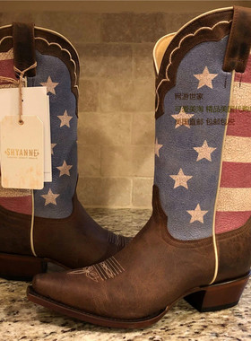 SHYANNE牛皮拼接国旗马术靴真皮尖头女中筒靴复古美国西部牛仔靴