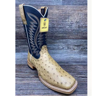 代购ARIAT美国牛仔靴鸵鸟皮真皮拼色中筒骑马靴西部靴中古靴男靴