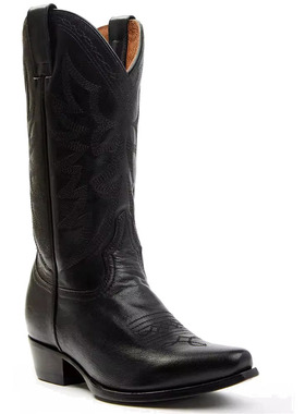 SHYANNE纯黑色牛皮6排针刺绣真皮尖头复古美式西部牛仔靴女骑马靴