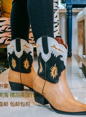 代购Dingo牛皮真皮马丁靴尖头粗跟刺绣短靴美国复古西部牛仔靴女