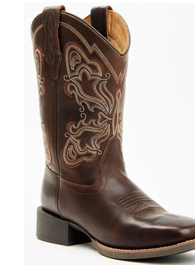 美国直邮SHYANNE牛皮刺绣真皮方头中筒靴骑马靴复古西部牛仔靴女