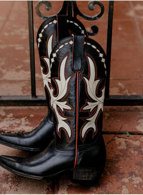 美国SHYANNE雕花牛皮刺绣限量版真皮尖头骑马靴复古西部牛仔靴女