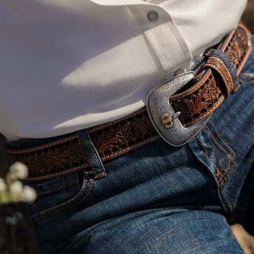 STETSON牛皮立体雕花镂空包边双色金属扣腰带美式西部牛仔皮带