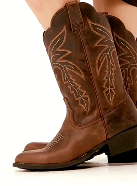 美国SHYANNE牛皮刺绣真皮圆头橡胶底中筒骑马靴复古西部牛仔靴女