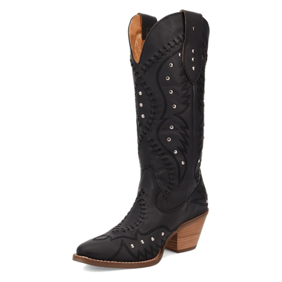 美国Dingo编织牛皮刺绣尖头高跟复古西部牛仔靴高筒黑白骑马靴女