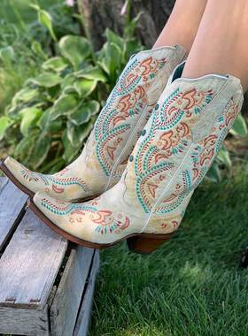 海外代购Corral刺绣长靴白色牛皮尖头复古西部牛仔靴真皮高筒靴女