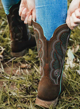 Durango美国代购彩色孔雀翎刺绣方头高筒骑马靴复古西部牛仔靴女