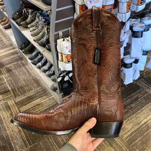 Post蜥蜴皮真皮本色刺绣中跟中筒骑马靴13寸西部牛仔靴男 美国Dan